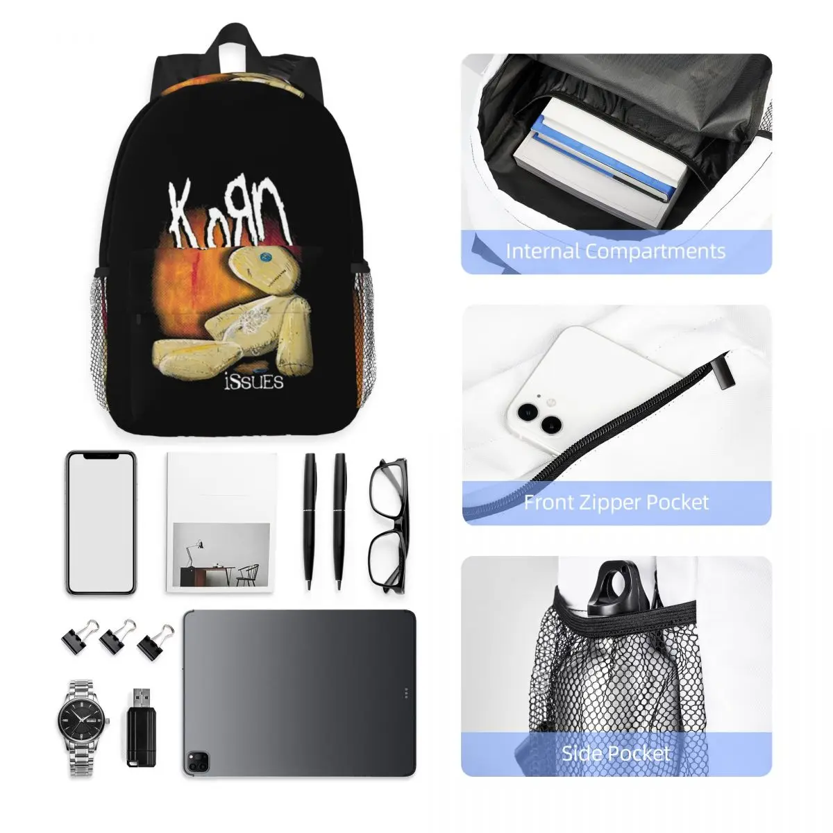 Korn Rock Band Logo Tour Backpack Student Boys Girls BookBag Men Women School Bag Laptop Shoulder Bags