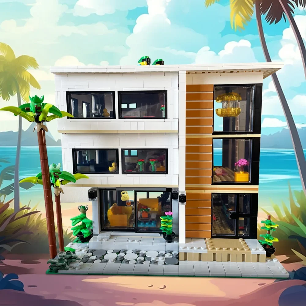 MOC-187263 모듈러 모던 하우스 V2 빌딩 블록 모델 모던 하우스 V2 모듈러 대체 조립형 2x31153 브릭 조립 장난감