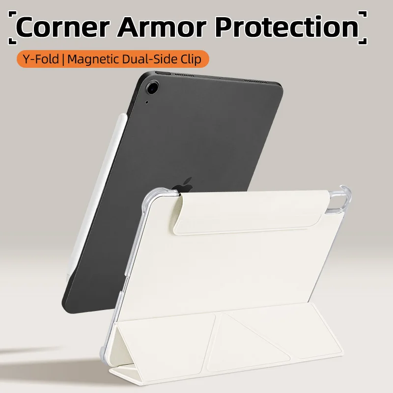 Transparent Corner Case for iPad Air 4/5/6/7 - Magnetic Buckle, Lens Guard, Scratch/Drop Resistant, Y-Fold, Auto Wake/Sleep