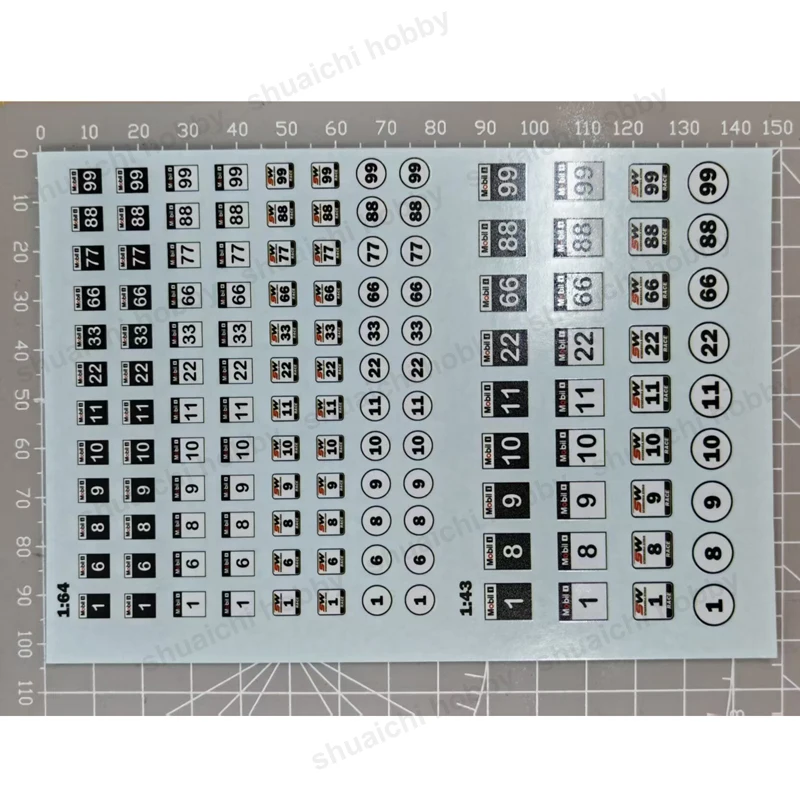 1PC Racing Number Water Decal for 1/64 1/43 Scale Car Model Round Rectangular Numeric Patterns Waterslide Decals Body Decoration