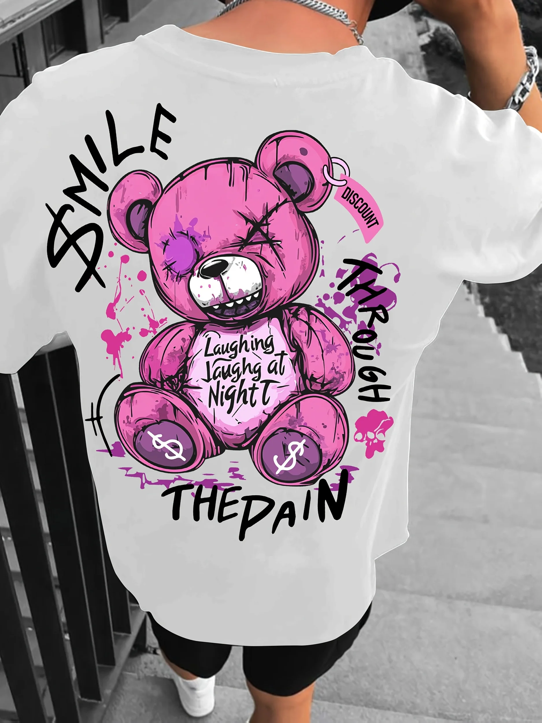 Trendy Style New Summer Men's Teddy Bear Letter Print Breathable and Comfortable Round Neck T-Shirt Outdoor High Street Top
