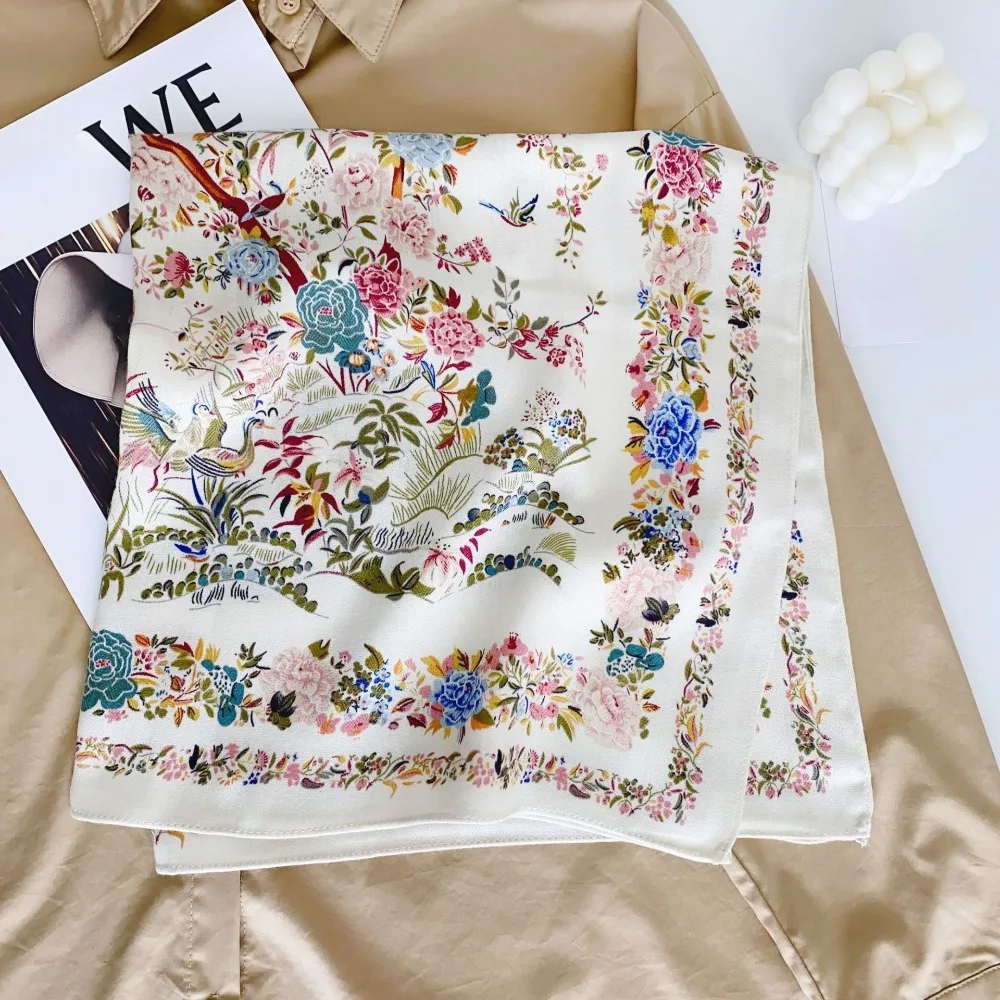 Luxus Blumen Seidenschal Schals Sonnencreme Dünne Satin Halstücher Weiche Große Strand Hijab Kleid Dekor
