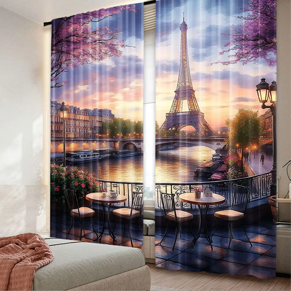 2Pcs Vintage Paris Curtains Eiffel Tower French Cityscape Curtains Cafe Romantic City Scenery Curtains Paris Themed Art Curtains