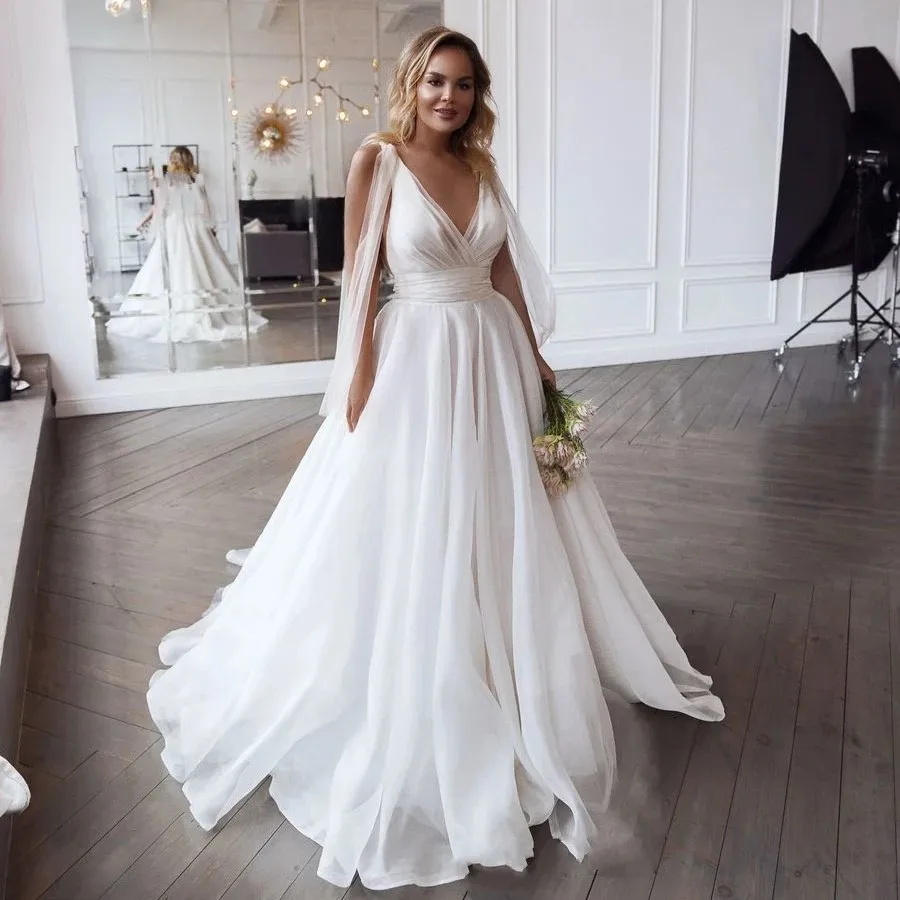 

ANGELSBRIDEP Sexy Tulle Wedding Dresses Robe De Mariee Pleat Tiered Tulle Bodice Corset Back Long Shawl Floor Length Plus Size