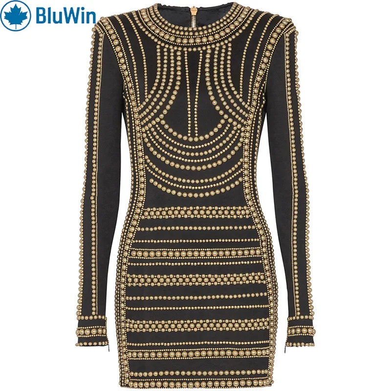 

BluWin Fall Winter Metal Sequin Bodycon Dress Women Long Sleeve Stretch Slim Fit Celebrity Party