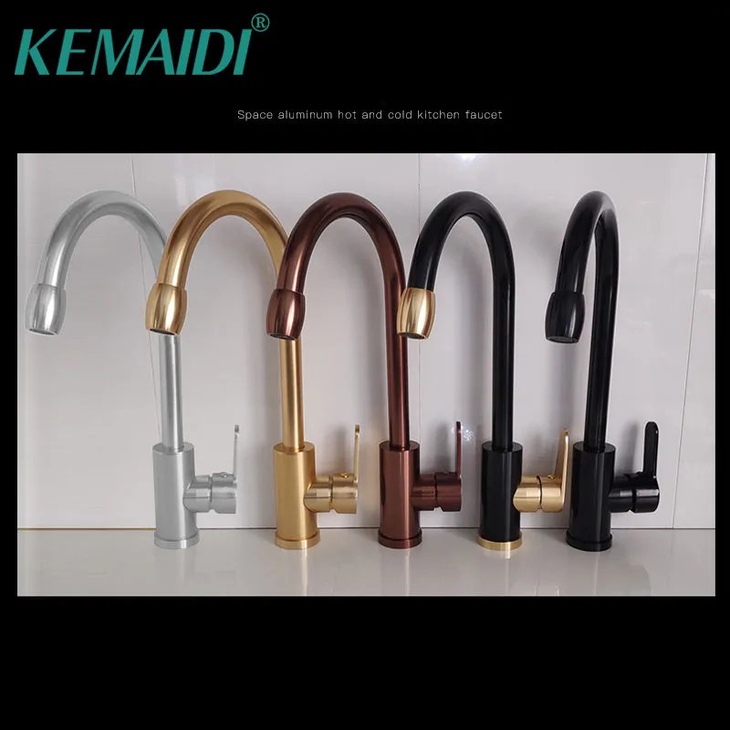 

KEMAIDI Kitchen Sink Mixer Rose Gold Polished Space Aluminium Metal Black Tap Bathroom Faucets Hot Cold Water Mixer