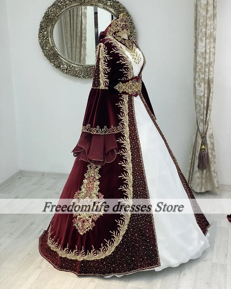 Moroccan Caftan A Line Evening Dresses Lace Applique Beading Burgundy Wedding Party Gowns Two Piece Formal Prom Dress Customized