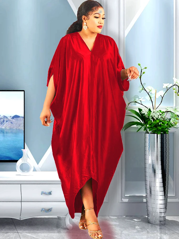 New Muslim Dresses For Women 2022 Pure Color African Maxi Robe V-neck Print Short Sleeve Novelty Dress Kanga Clothing Bouou