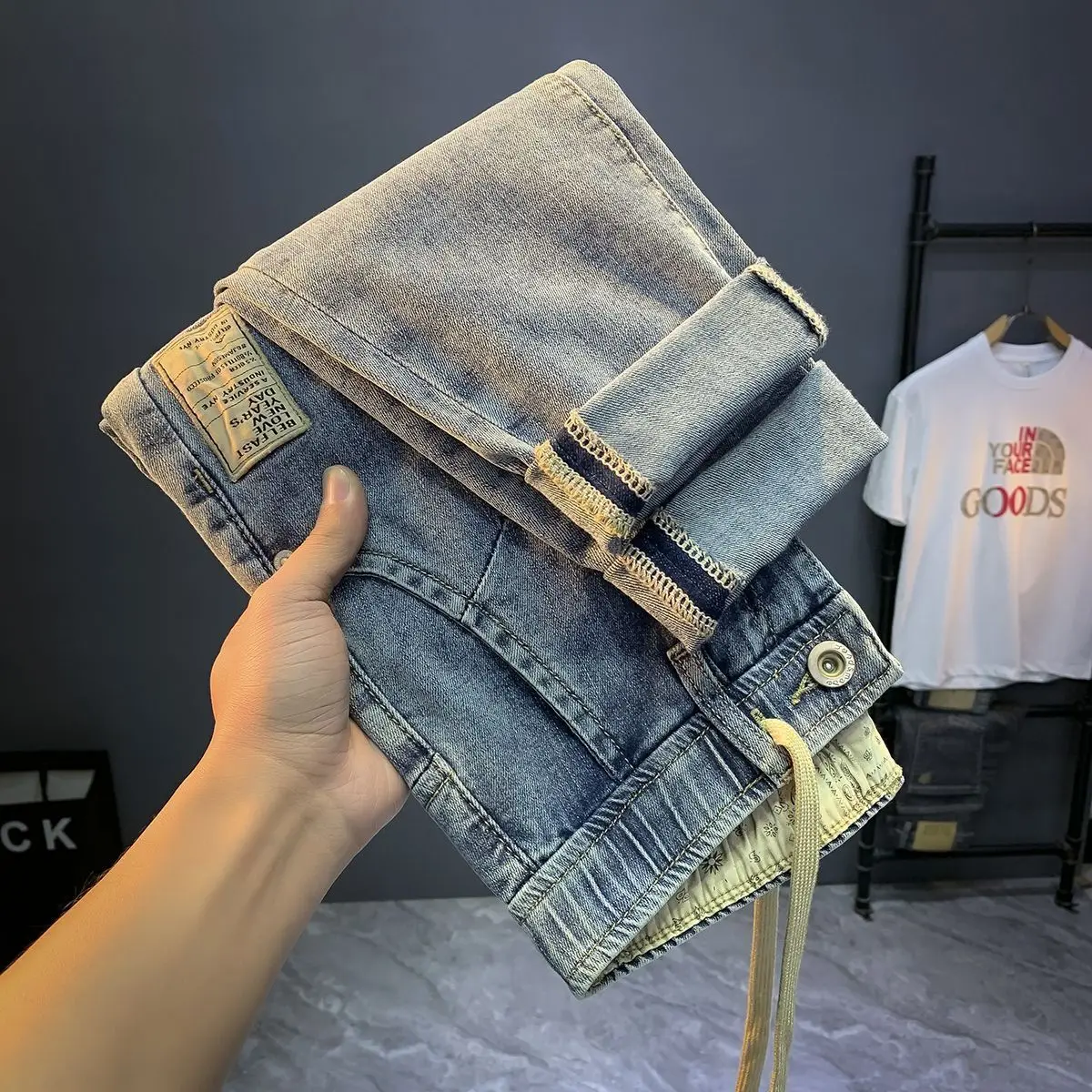 Jeans de luxo estilo coreano masculino com cintura elástica, calça jeans lavada, calça versátil e moderna, jeans harém de cowboy, novo