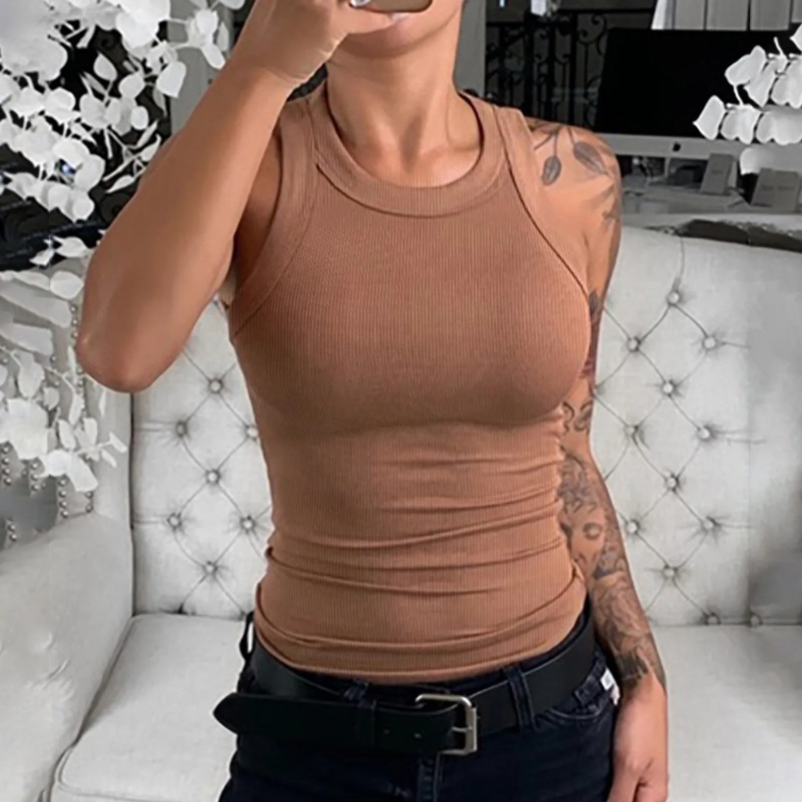 Women Solid Round Neck Ribbed Tank Top Camisole Women's Summer Basic Elastic Tank Top O Neck Solid Tank Top For Women