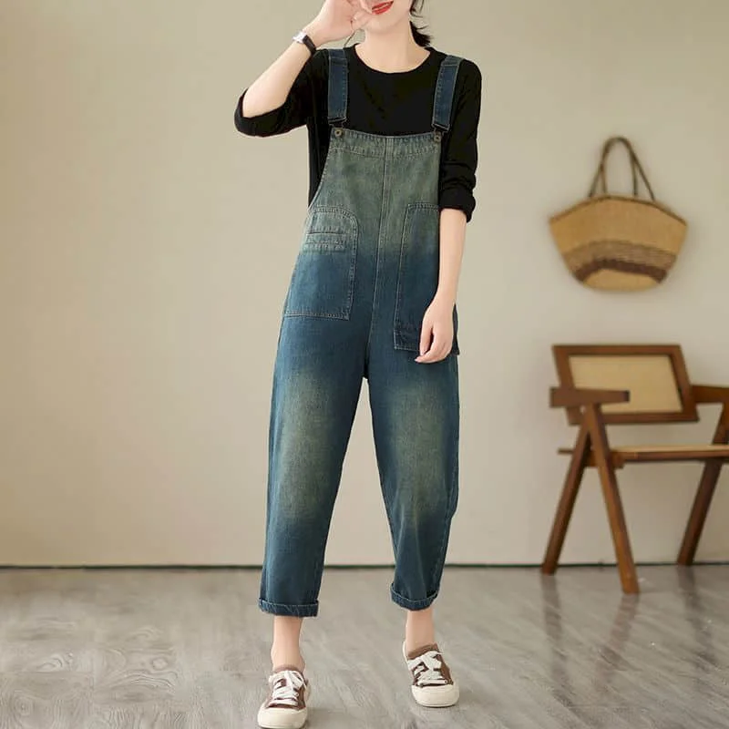 Denim Jumpsuits for Women Gradient Ankle-Length Pants One Piece Outfit Women Rompes Loose Korean Style Casual Vintage Overalls