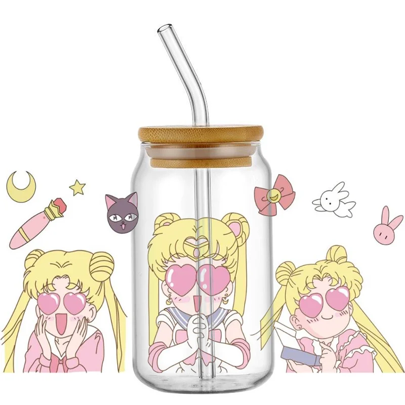 Miniso animazione giapponese Sailor Moon Libbey 16oz UV DTF Cup Wrap bicchiere da birra può avvolgere adesivo fai da te adesivo impermeabile lavabile