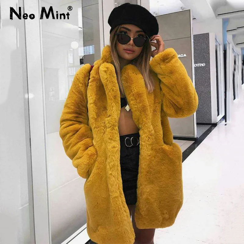 2024 New Solid Plush Faux Rabbit Fur Jacket Coat Women Winter Thicken Warm Overcoats Chic Girls Long Lapel Collar Fake Fur Coats