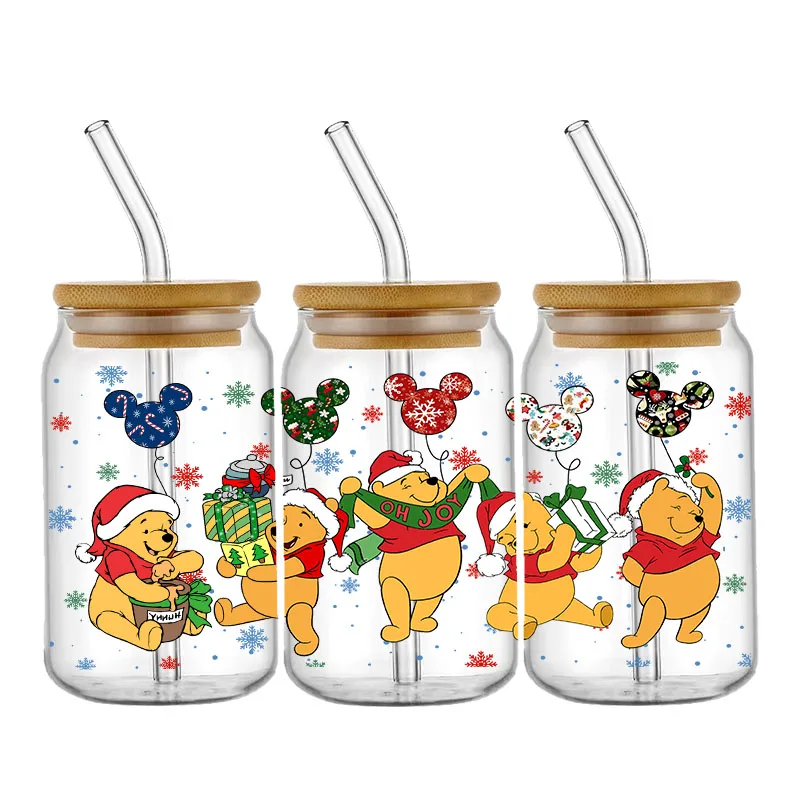 Disney Mickey Winnie Christmas UV DTF Cup Wrap Transfers Stickers Stitch 16oz Libbey Glass Decal Can Selfadhesive Waterproof DIY