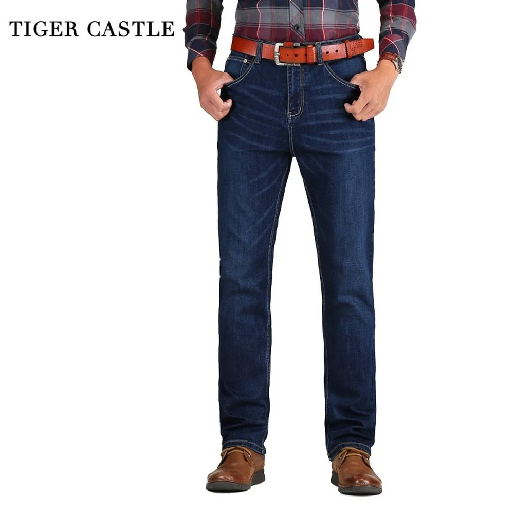 

TIGER CASTLE Casual Mens Classic Cotton Jeans Stretch Male Business Denim Pants Slim Fit Brand Overalls for Men Size 38 40 42