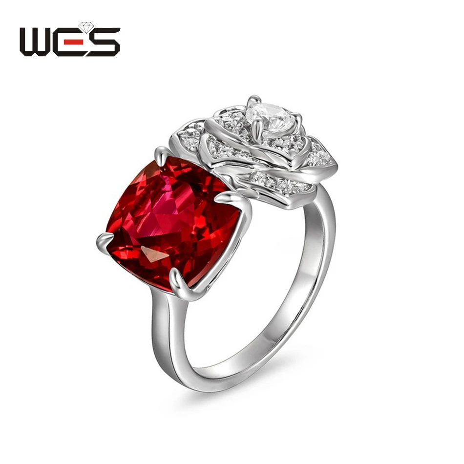 Anillos de plata de ley 925 WES para mujer, rubí rojo creado en laboratorio, 10x10mm, compromiso de boda, regalo de San Valentín, joyería fina certificada