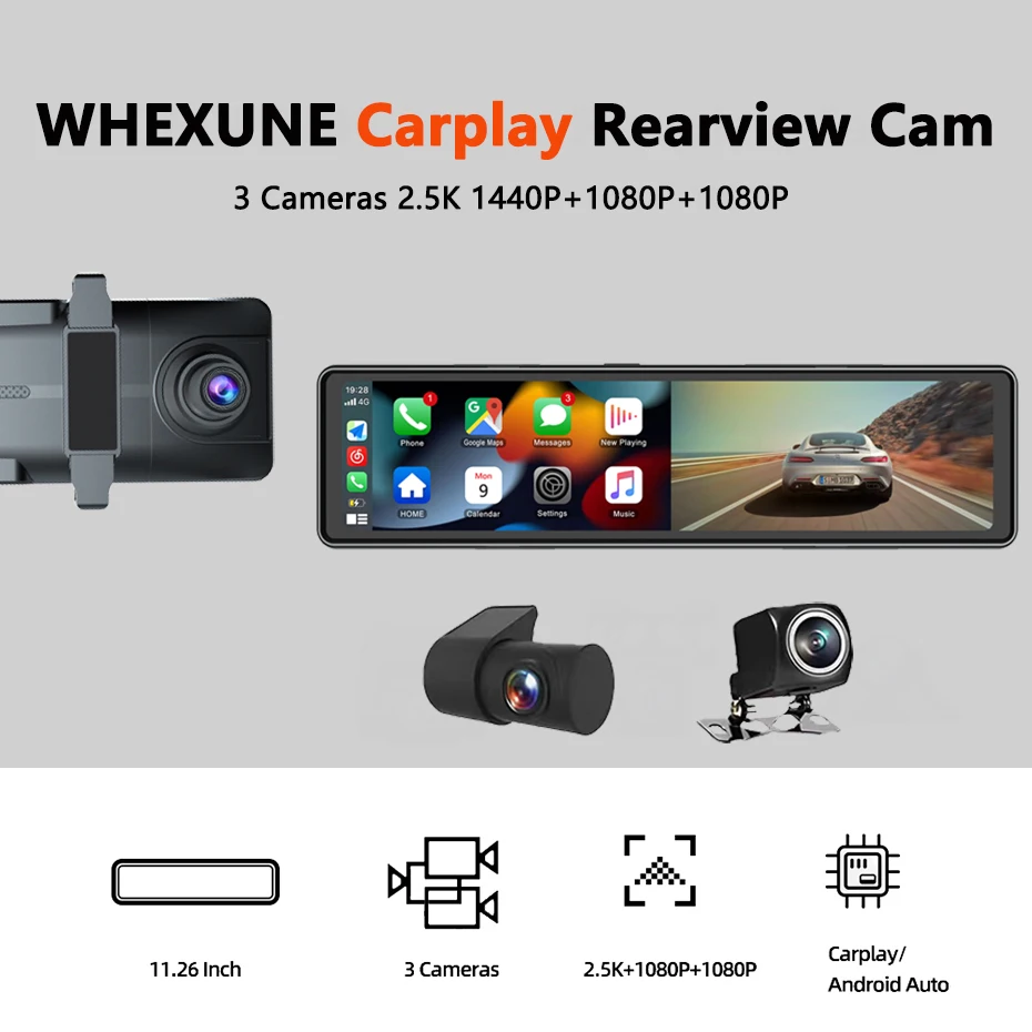 3 Cameras Dash Cam 1440P Car Mirror Video Recording Carplay & Android Auto Wireless Connection WiFi Miracast GPS Navigation DVRs