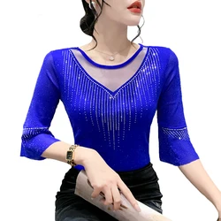 Sexy Patchwork Mesh T shirt Magro 3/4 Manga das Mulheres de Verão Top de perfuração Quente Casual Seda Brilhante Mulheres Camisa