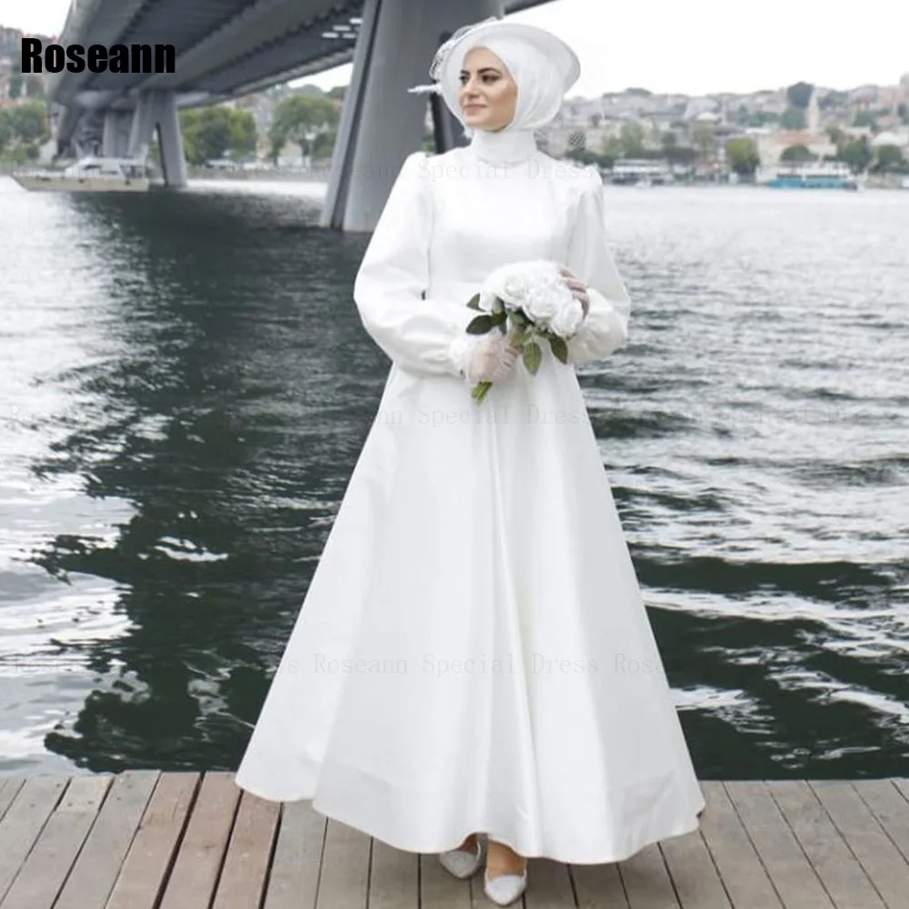 

Muslim 2024 New Design Ivory Exquisite A-line Wedding Dresses High Collar Draped Pleat Anke Length Bride Dress robe de mariée