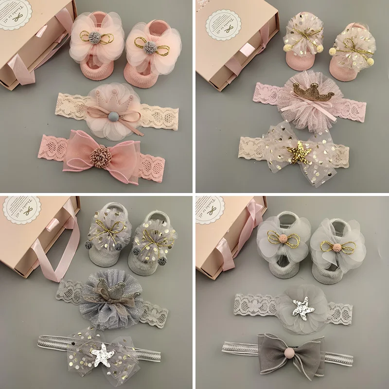 

Повязка на голову для маленьких принцесс, носки, корейский кружевной головной убор с бантом для девочек, повязки для волос, нескользящие носки для новорожденных, реквизит для фотосъемки, детские подарки