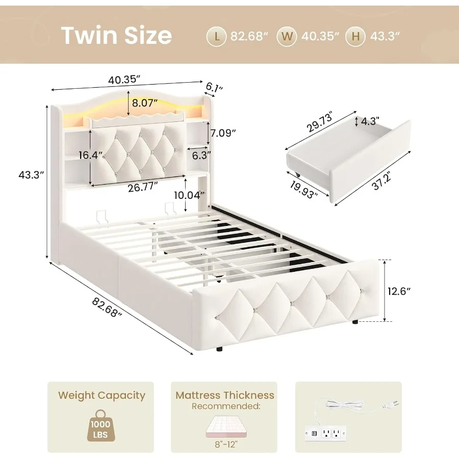 ' bedroom platform bed frame with storage drawers, bookcase headboard, LED lights, power outlets, diamond tufted velvet upholst