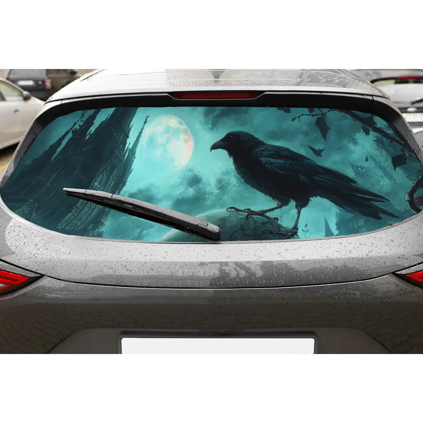 

Green Moonlit Raven PVC Perforated Car Vinyl Wraps, Privacy Enhancing Design for Rear Window, Car Rear Windshield Sticker for Mo