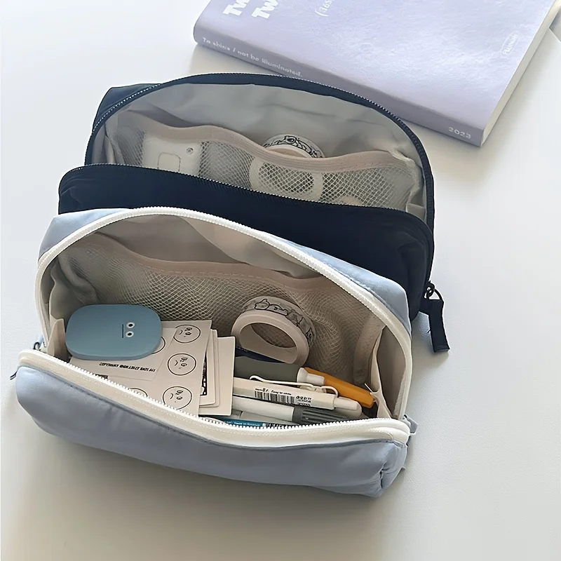 Estojo em forma de travesseiro, estilo INS, cor sólida, caixa de lápis em preto e azul, bolsa de papelaria multicamadas, papelaria de estudante