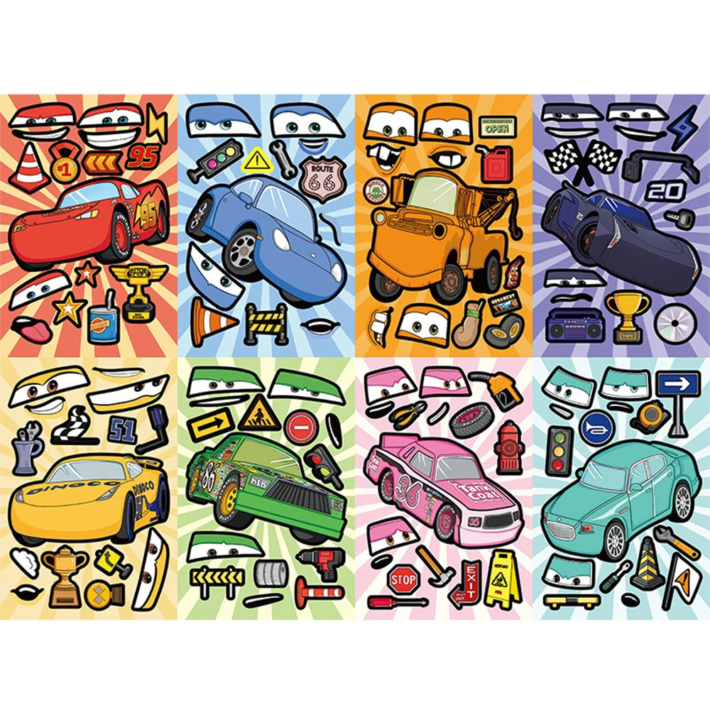 

8/16sheets Disney Anime Cars Puzzle Stickers Game Cartoon DIY Lightning McQueen Make a Face Sticker Funny Assemble Jigsaw Toy