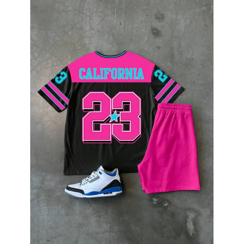 Men's Summer Casual Colorblock Letter Printed V-Neck T-Shirt And Shorts Set 2 Pieces Set Men Street