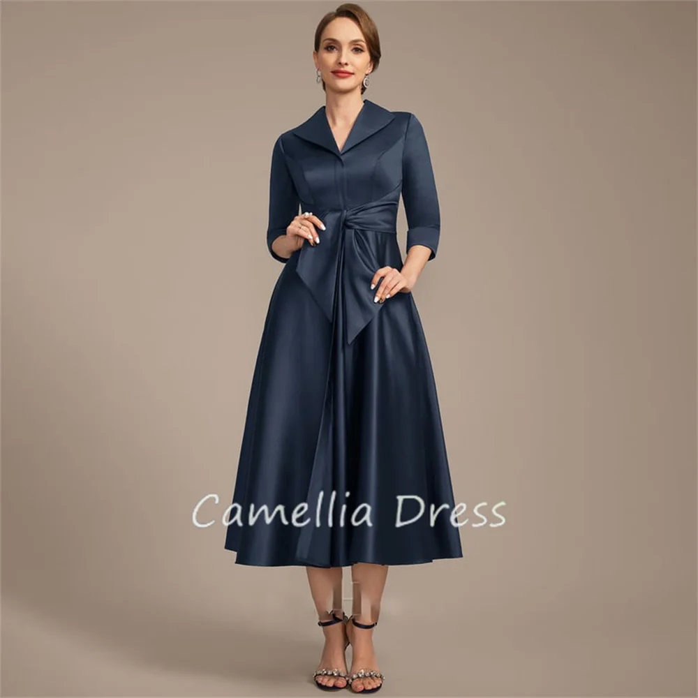 New V-Neck Mother Of The Bride Dress A Line Tea-Length Satin Formal Dresses With Pockets Vestidos Mae Da Noiva Casamentos