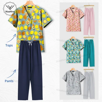 Conjuntos de uniformes veterinarios transpirables, ropa de trabajo de alta calidad, abrigo de laboratorio de Farmacia y clínica de mascotas, Top de manga corta estampado