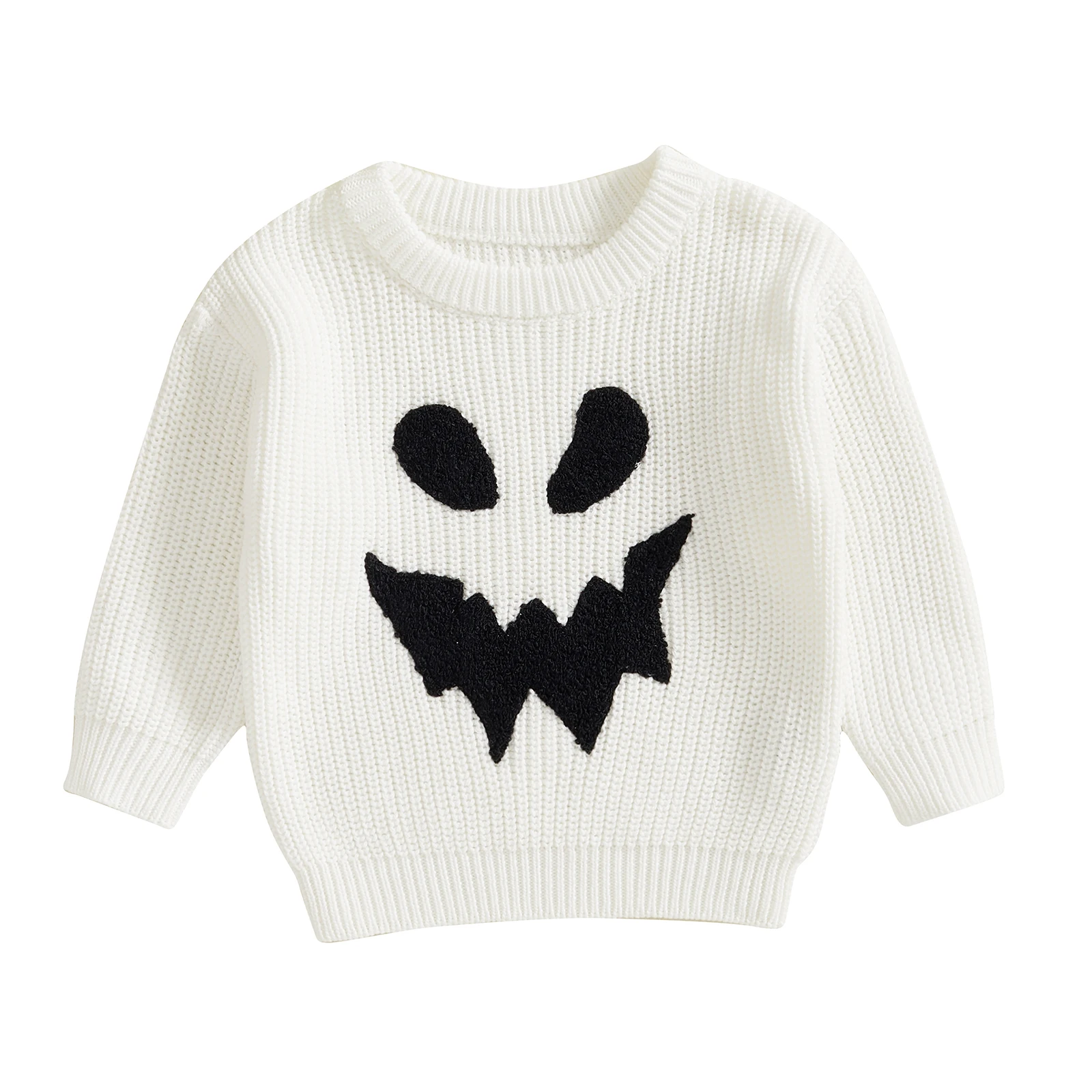 

Baby Boy Girl Halloween Sweater Ghost Face Pattern Long Sleeve Crew Neck Chunky Knitwear