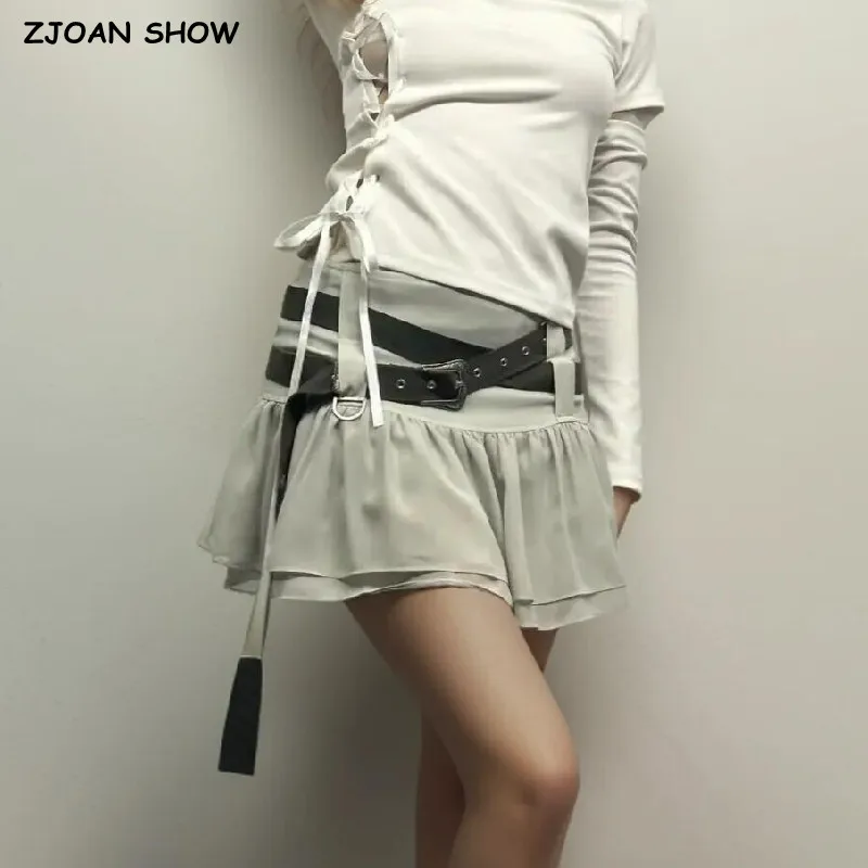 2024 Y2K Safari Low Waist Spliced Pleated Mini Skirt Women Package Hips Buckle Belt Skirts with Shorts underwear Gray Black