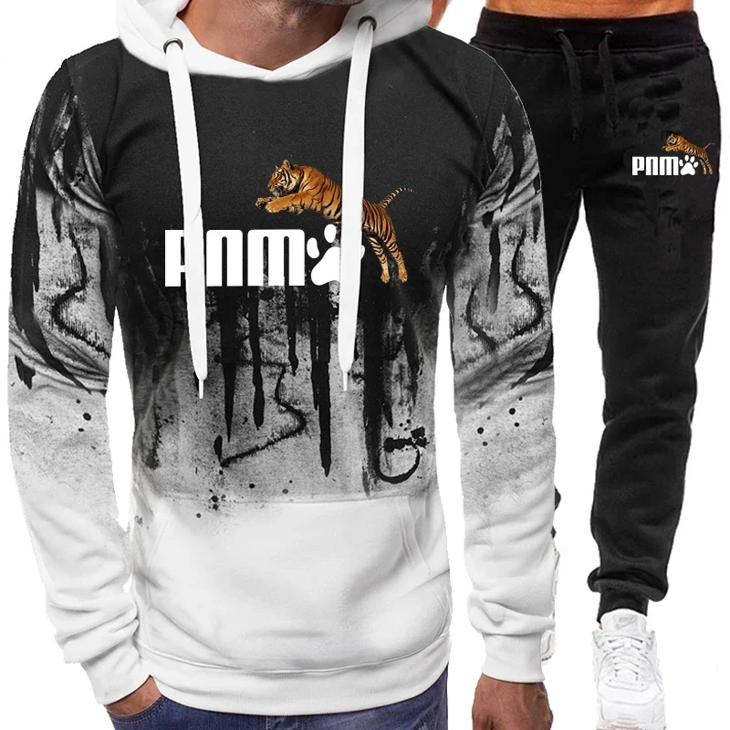 Men's Hooded Sweatshirt Set Splashing Ink Printed Hoodies+ Jogger Sweatpants Outfits Tracksuit Man Pullover Sport Kit Streetwear