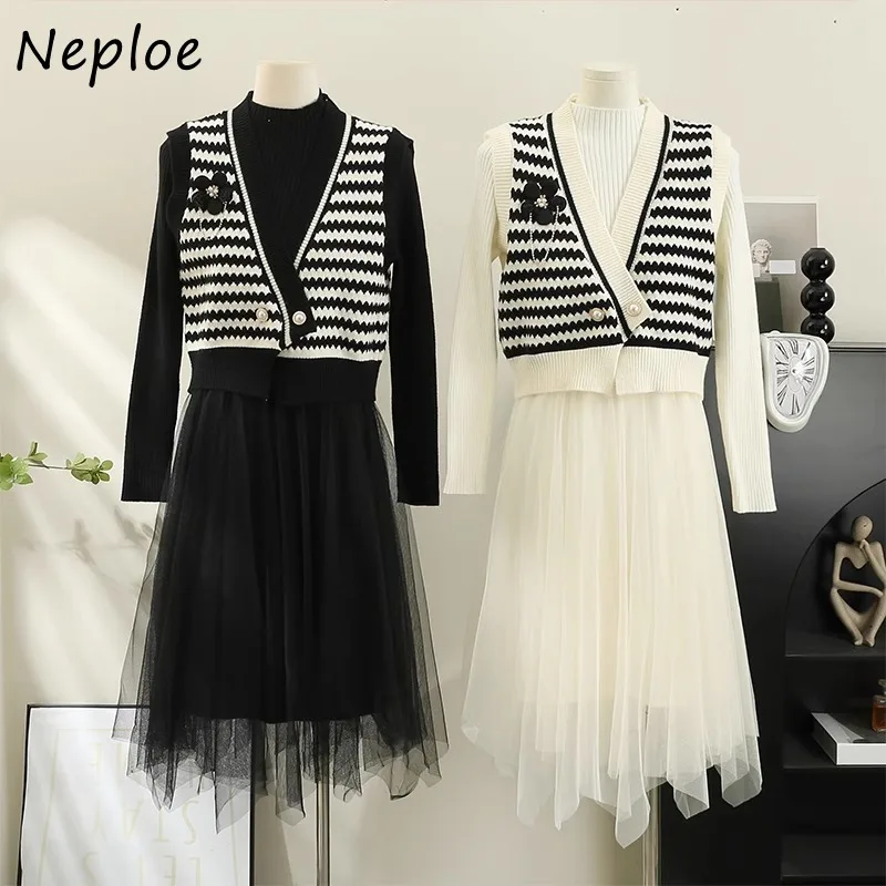 Neploe Elelgant Vintage Striped Knitted Vest+ Y2k E-Girl High Waist Mesh Dresses for Women 2024 Autumn New Two Piece Sets