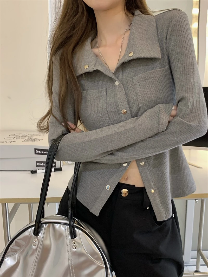 여성용 패셔너블 롱 슬리브 턴다운 칼라 탑 한국 스타일 가을 신상 이너웨어