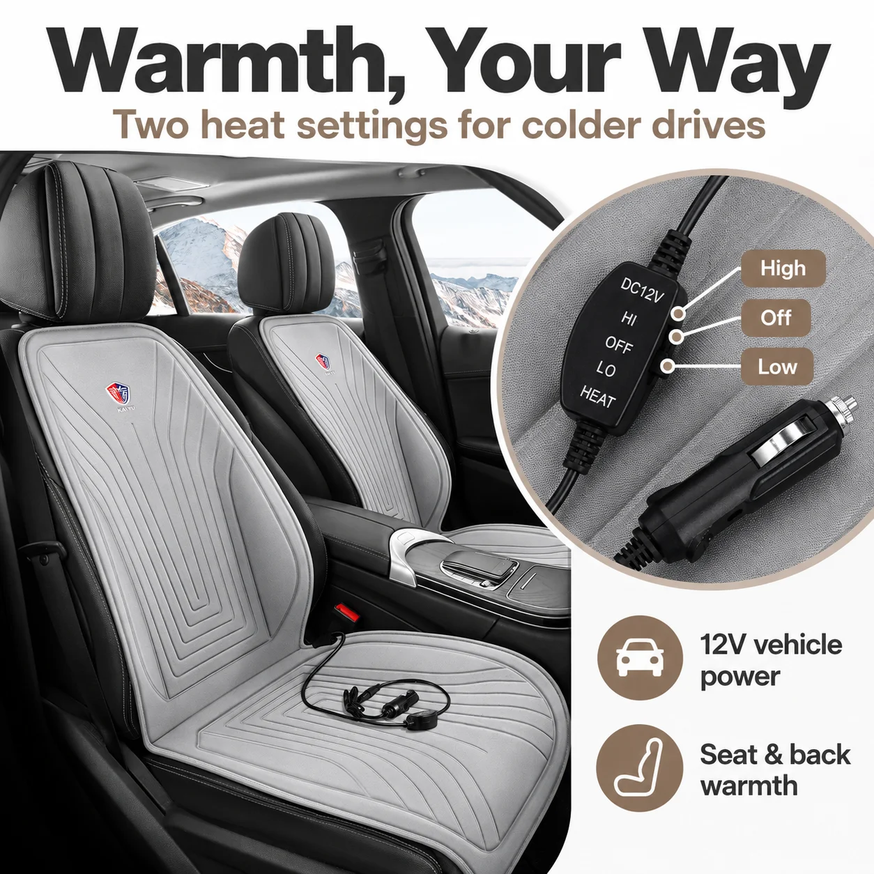 12V Heated Car Seat Cushion, Soft Fabric Full Back and Seat Warmer Pad with Sculpted Channel Design for Cold-Weather Driving