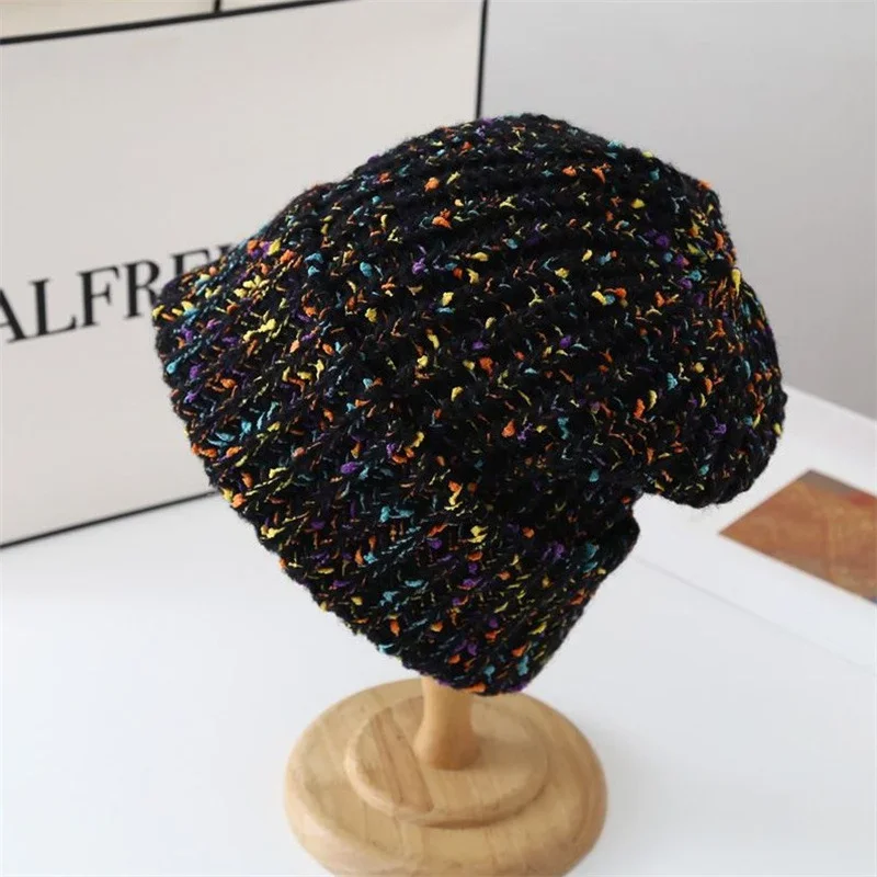 Korean Women\'s Big Head Loose Wool Hat Rainbow Colorful Mixed-color Knitted Cap Men Outdoor Casual Warm Skullies Beanie Hats
