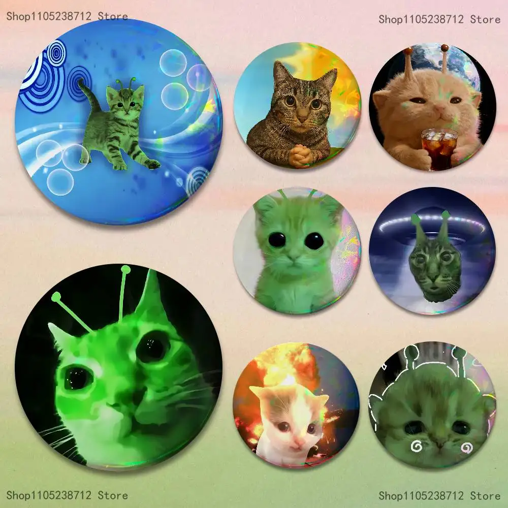 

Cute Green Alien Cat Laser reflective round badges pins bag clothing decorations collectibles gifts for friends
