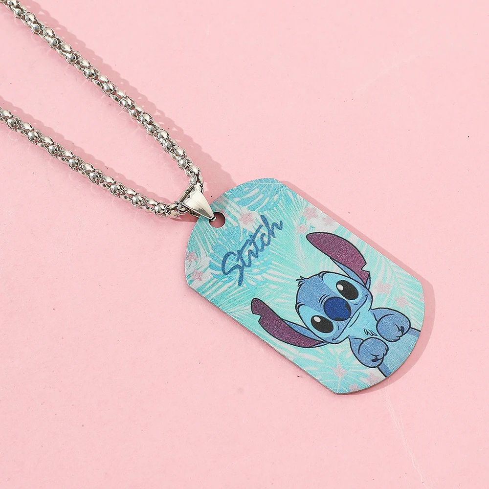 Disney Cute Cartoon Lilo & Stitch Angel Ellipse Pendant Necklace Stainless Steel Hiphop Jewelry Birthday Gift for Friends