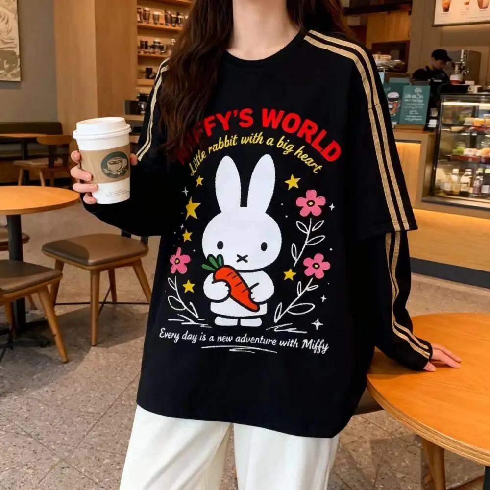 Новая толстовка с капюшоном Miffy, искусственное пальто из двух предметов, осеннее пальто с длинными рукавами и круглым вырезом, повседневная свободная универсальная основа в стиле ретро