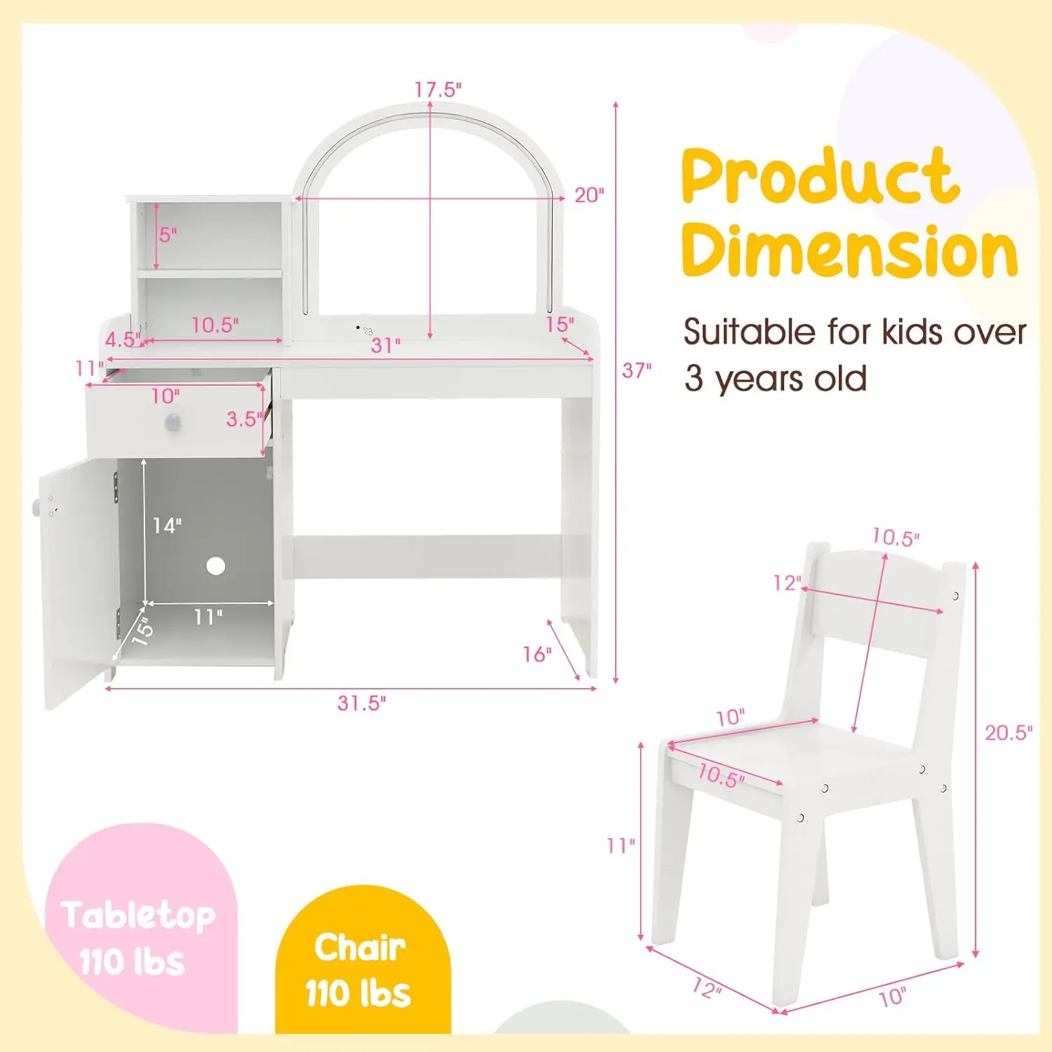 Kinderijdelheid met verlichting, 2-in-1 prinses make-up bureau en stoelenset met verlichte spiegel, lade, opbergplanken en kast, peuter