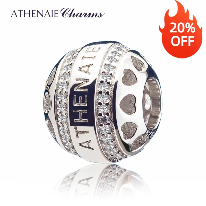 ATHENAIE Genuine 925 Silver with Pave Clear CZ Heart by Heart Openwork Charm Beads Fit All European Bracelets Necklace For Women