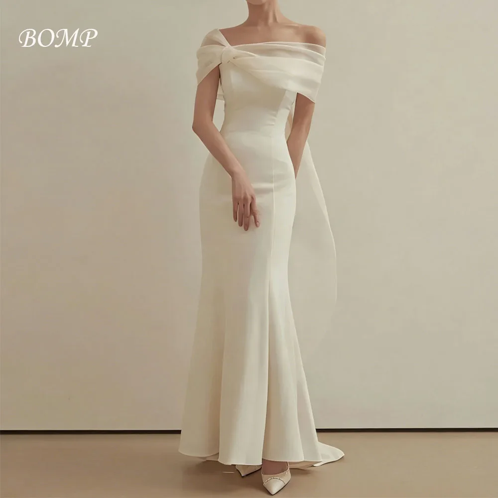 

BOMP Off Shoulder Korea Ivory Mermaid Wedding Dresses 웨딩드레스 Satin Short Sleeves Customized Pretty Bride Gowns Plus Size