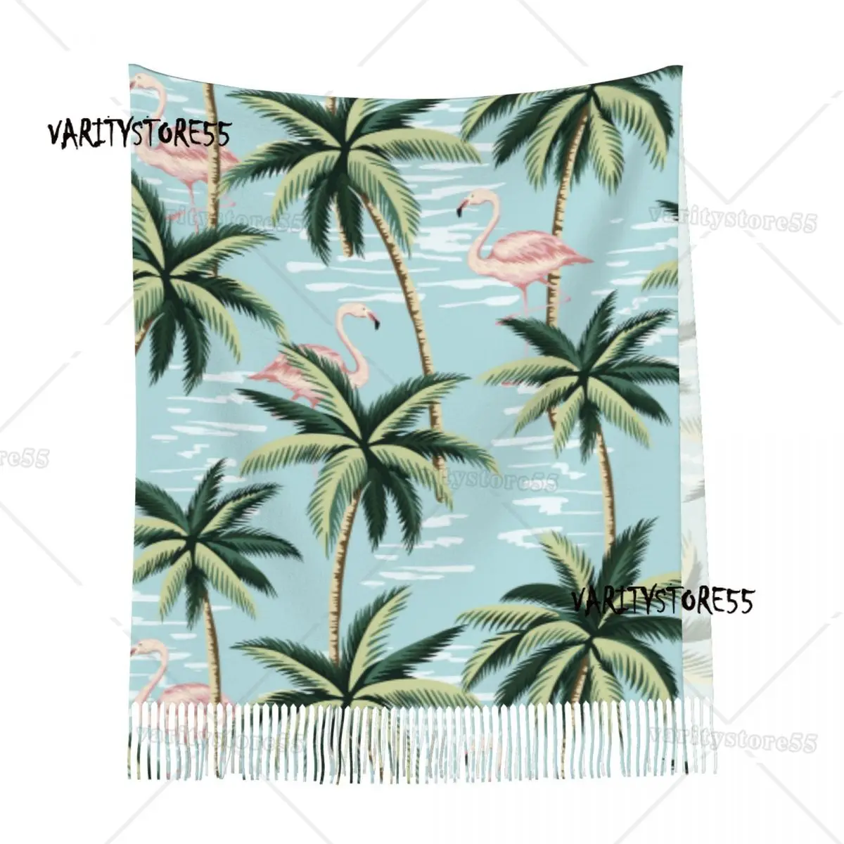 Personalized Printed Tropical Vintage Pink Flamingo And Palm Trees Long Pile Fringe Men Scarf Women'S Anti Chill Scarf