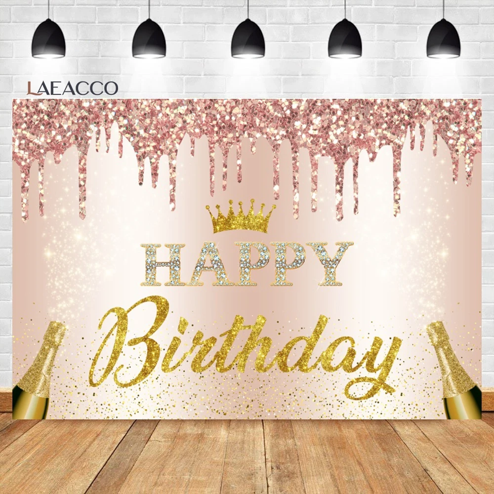 Laeacco Pink Rose Gold Happy Birthday Photography Backdrop Glitter Sparkle Balloon Champagne Women Girl Portrait Custom Backdrop