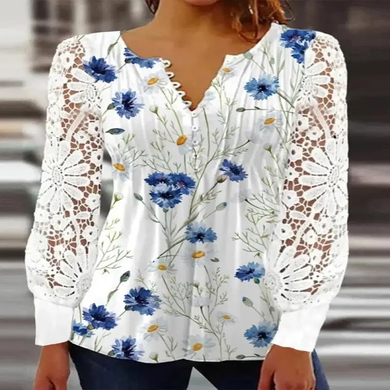 

Plus Size Women Long Sleeve V-neck Floral Printed Lace Top