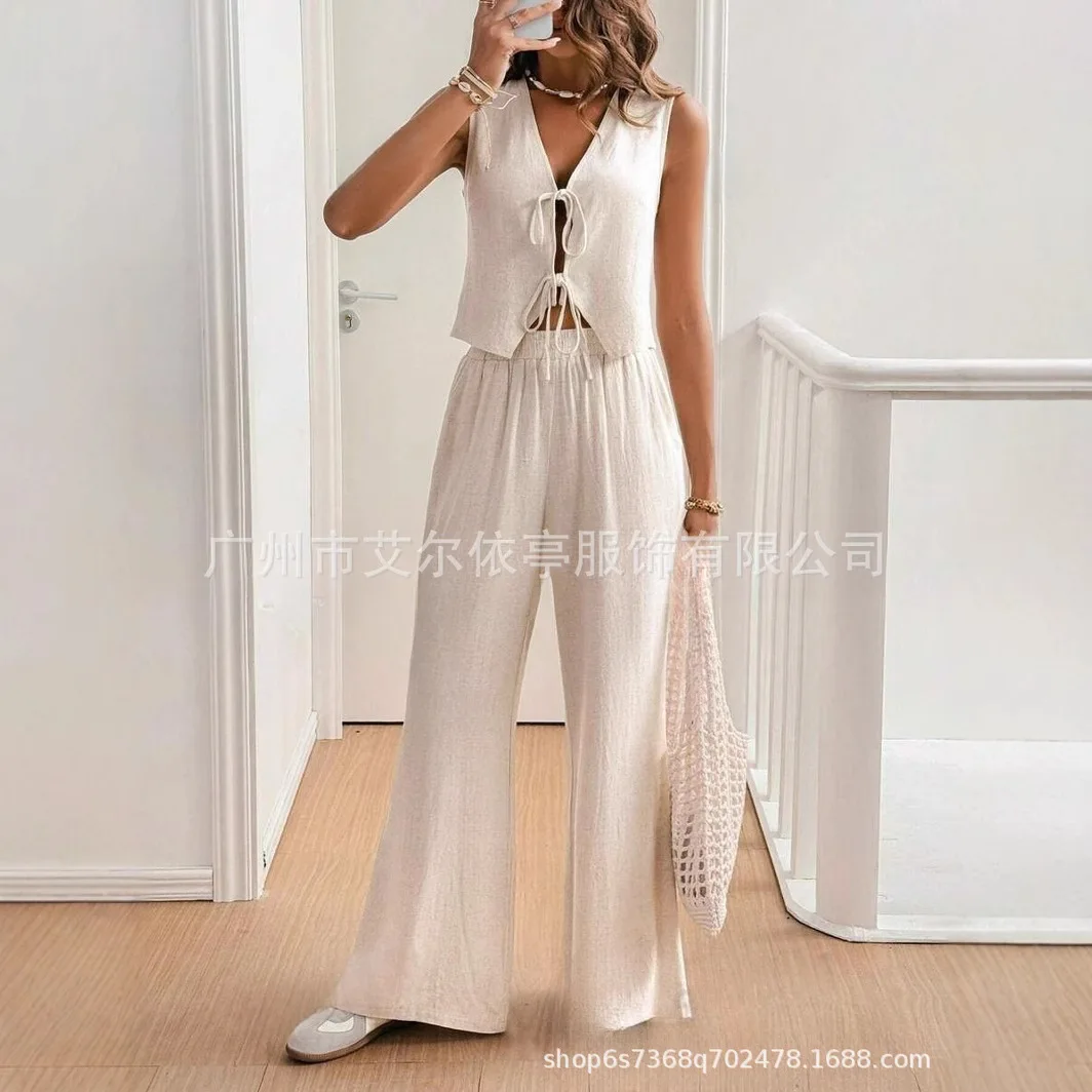 

Spring/Summer 2025 New Stylish Cotton Sleeveless V-neck Lace-up Waistcoat Women's Vest High-waisted Wide-leg Floor-length Pants