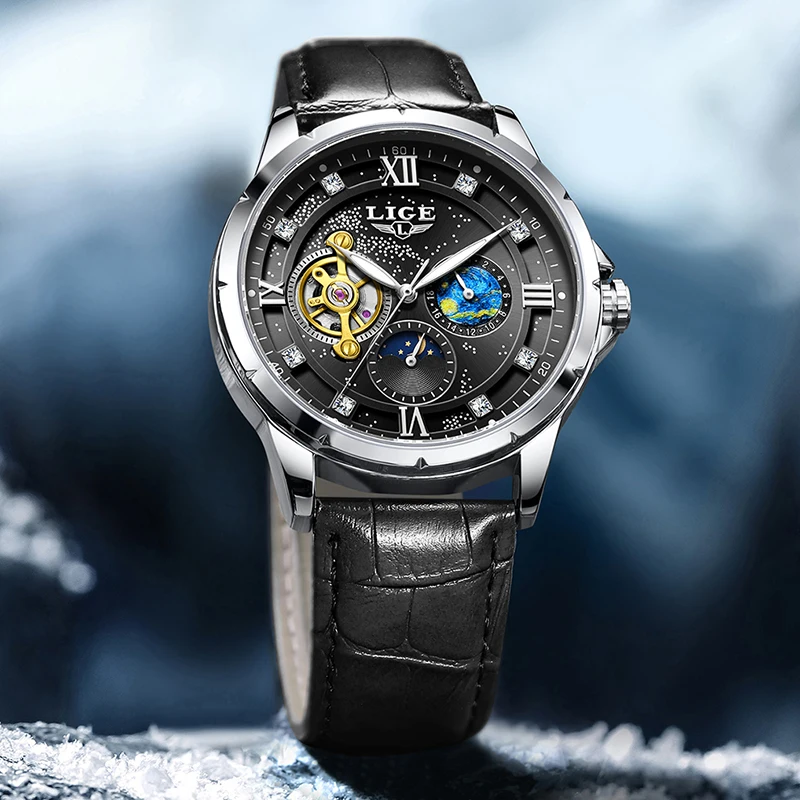 LIGE New Luxury Men's Automatic Mechanical Wristwatches Fashion Hollow Tourbillon Watch Men Casual Luminous Waterproof Men Watch