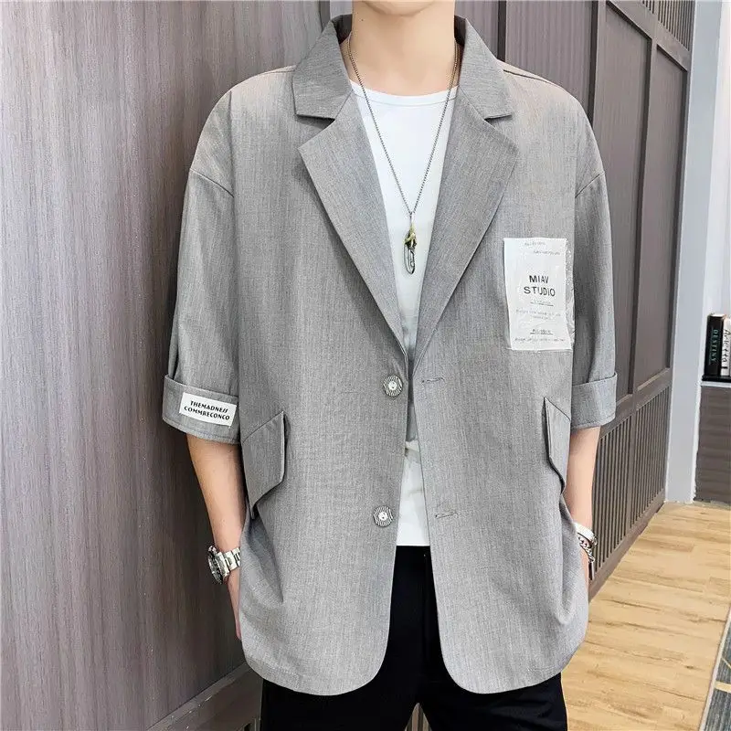 2-A56  Summer men's thin mid-sleeve small suit fashionable three-quarter sleev Kong style casual loose jacket men's suit tops